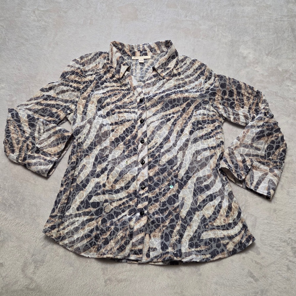 Animal Print Zebra Button Down Shirt Brown Gray Crinkle Petite 10P 3/4 Sleeve